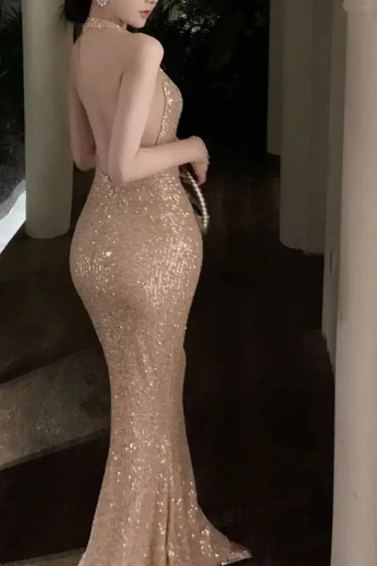 Sequined Maxi Dress with Swinging Collar