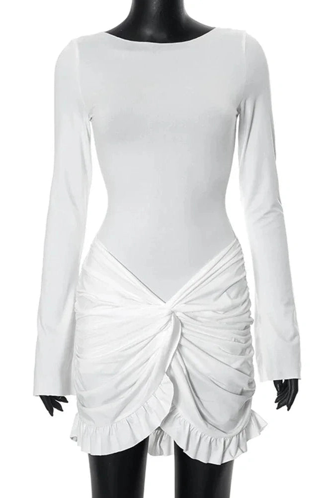 Pleated Bodycon Mini Dress with O Neck and Long Sleeves