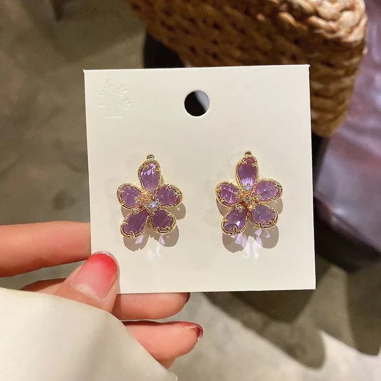 Purple Green Crystal Flower Dangle Earrings for Women Gold Metal Petals 2023