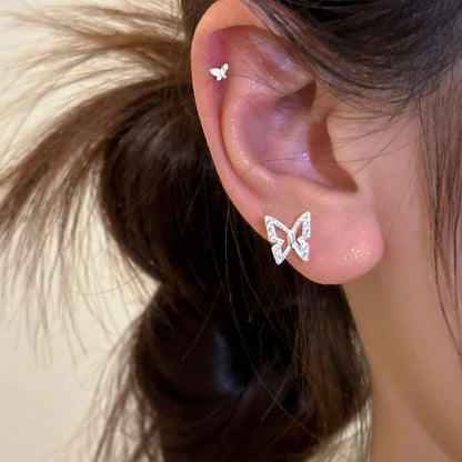 Lizakosht Mini Butterfly Stud Earrings Silver Rhinestone for Women and Girls Fashion Jewelry