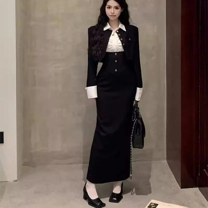 Conjunto de 3 piezas Y2K para mujer, abrigo corto, blazer, camisa blanca, cuello halter, sin mangas, vestido midi ajustado, nuevos conjuntos coreanos elegantes de otoño para mujer