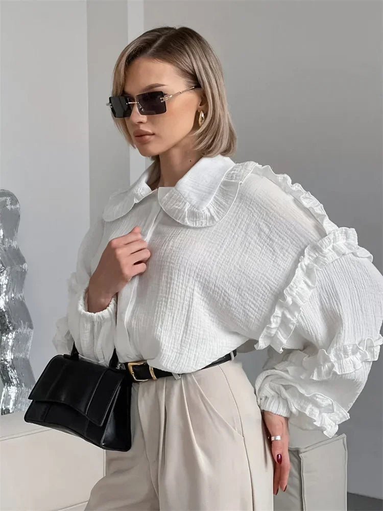 Camisas blancas holgadas con volantes para mujer, manga larga, elegantes, a la moda, otoño, lisas, informales, prendas de vestir exteriores, camisas para mujer, abrigos, novedad de verano
