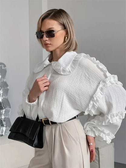 Camisas blancas holgadas con volantes para mujer, manga larga, elegantes, a la moda, otoño, lisas, informales, prendas de vestir exteriores, camisas para mujer, abrigos, novedad de verano