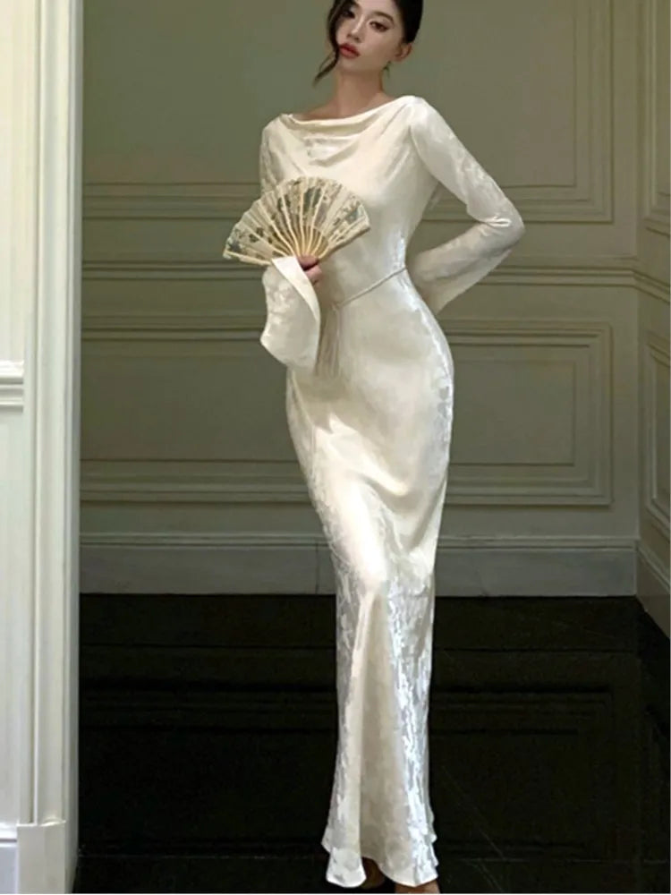 Vestidos de noche de otoño para mujer, ajustados, para boda, graduación, manga acampanada, cuello alto, estilo francés vintage, midi, novedad