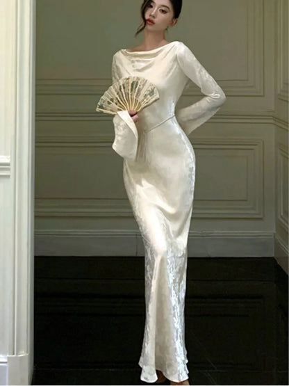 Vestidos de noche de otoño para mujer, ajustados, para boda, graduación, manga acampanada, cuello alto, estilo francés vintage, midi, novedad