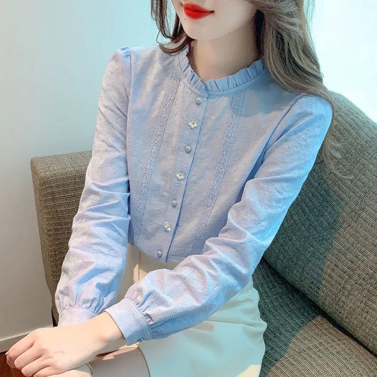 Embroidery Women Spring Autumn Blouses Shirts Lady Casual Long Sleeve Stand Collar Solid Color Blusas Tops DF4774