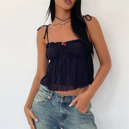Tops Y2K para mujer, ropa Fairycore, camisola plisada sin mangas con tirantes finos y flores, estilo años 2000, ropa de fiesta y club.
