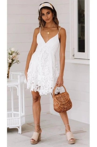 Deep V-Neck Backless Mini Dress with Spaghetti Straps and Hollow Out Detail