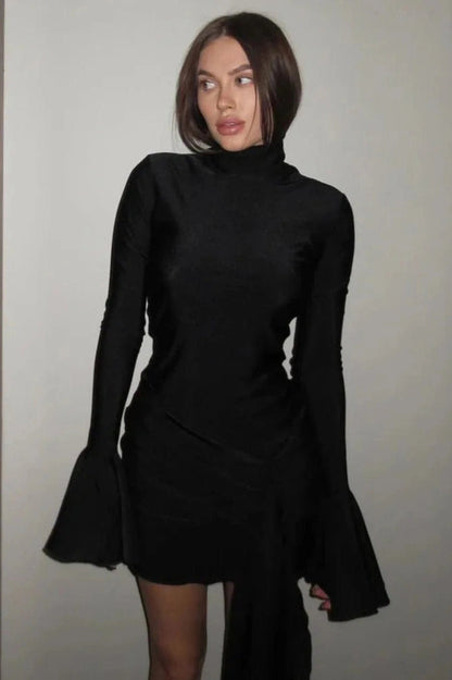 Elegant Flare Sleeves Slim Mini Dress with Irregular Hem