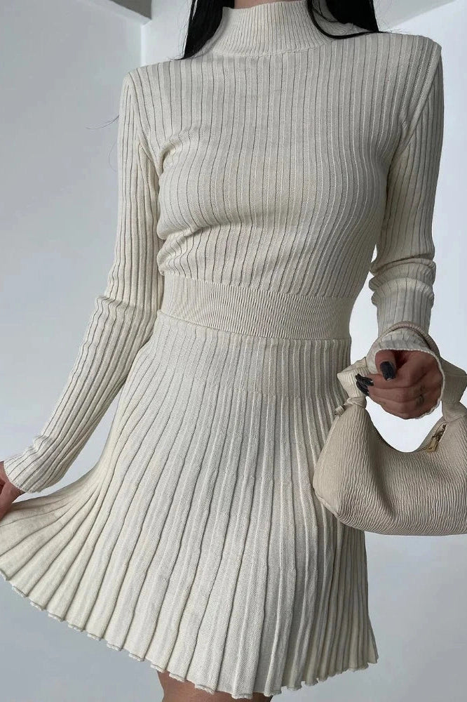 O-Neck Long Sleeve Mini Dress with High Waist