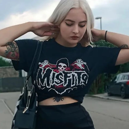 Camiseta con estampado Harajuku de los 90, top ajustado de manga corta, ropa urbana Y2K para mujer, top negro con ombligo expuesto