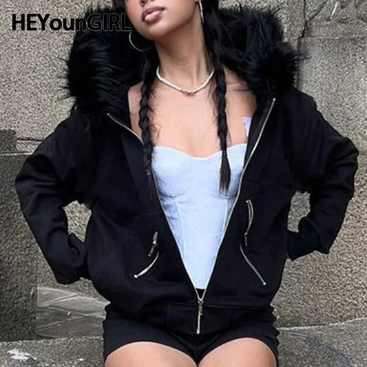 Large Fur Collar Hooded Zipper Sweatshirt Women’s Minimalist Harajuku Crop Jacket Winter Outfits Letter Streetwear