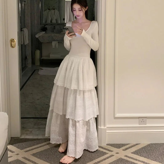 Vestidos midi de otoño para mujer, de manga larga, lisos, con cuello en U, sin espalda, corte en A, moda coreana, informales, de una pieza