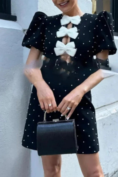 Short Sleeve Mini Dress with O Neck and High Waist