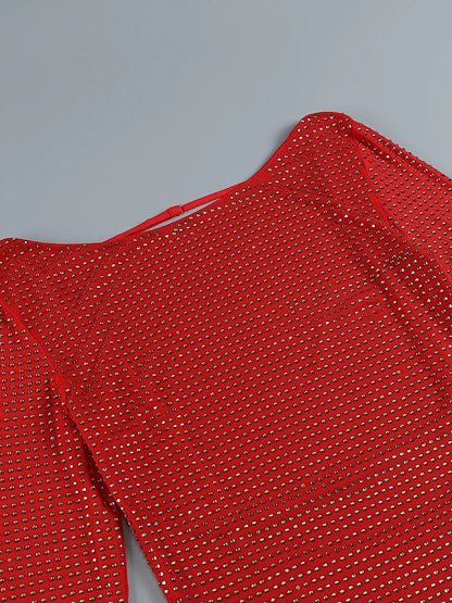 Althea Long Sleeve Mini Dress with Cowl Back Mesh and Rhinestones