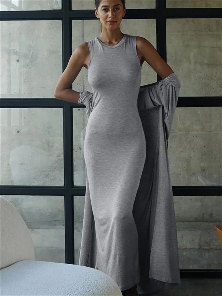 Conjunto informal de 2 piezas para mujer, vestido largo ajustado de cintura alta, con patchwork, sin mangas y abrigo, conjunto de vestido maxi para mujer.