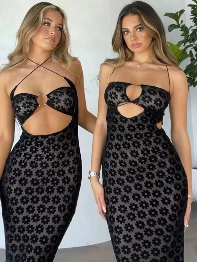 Vestido largo de color liso con cuello colgante, sexy, con huecos, para mujer, con perspectiva, bolso y caderas, estilo urbano, moderno