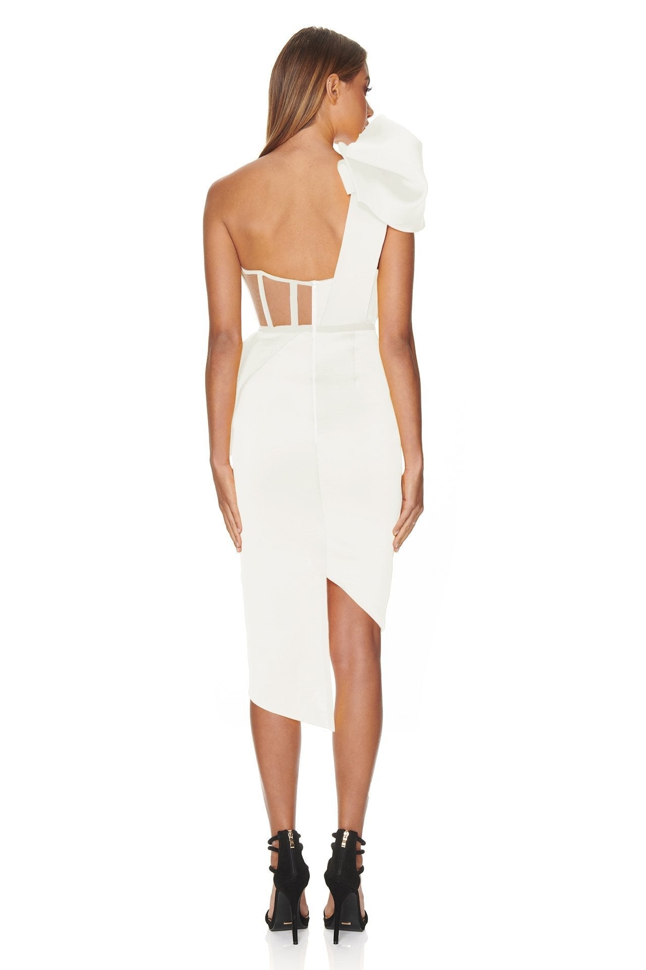 Adelle Bandage Corset-Style One Shoulder Dress with Bow