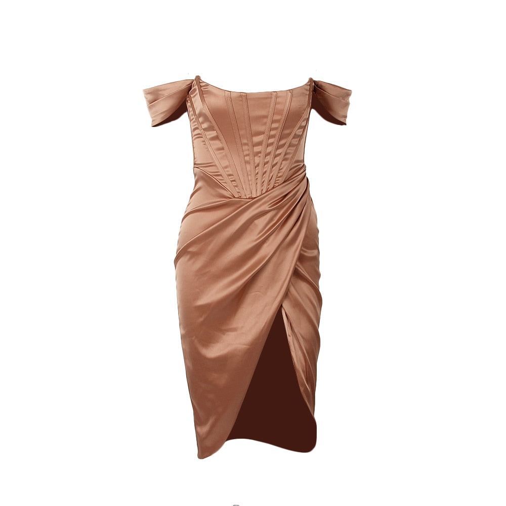 Timeless Satin Off-Shoulder Dress with Feminine Grace