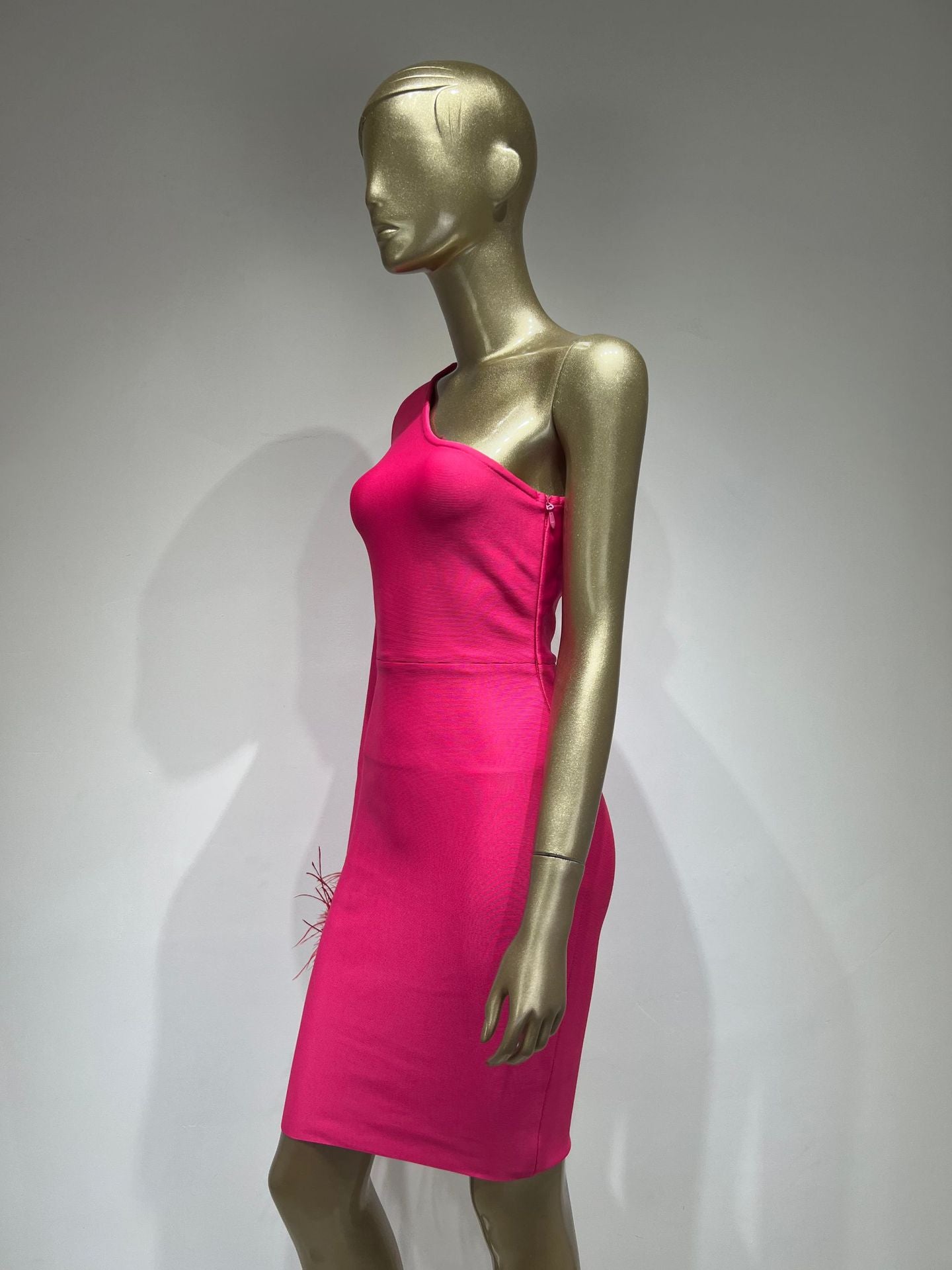Eleanor One Shoulder Bandage Dress with Feather Embellishment