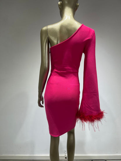Eleanor One Shoulder Bandage Dress with Feather Embellishment