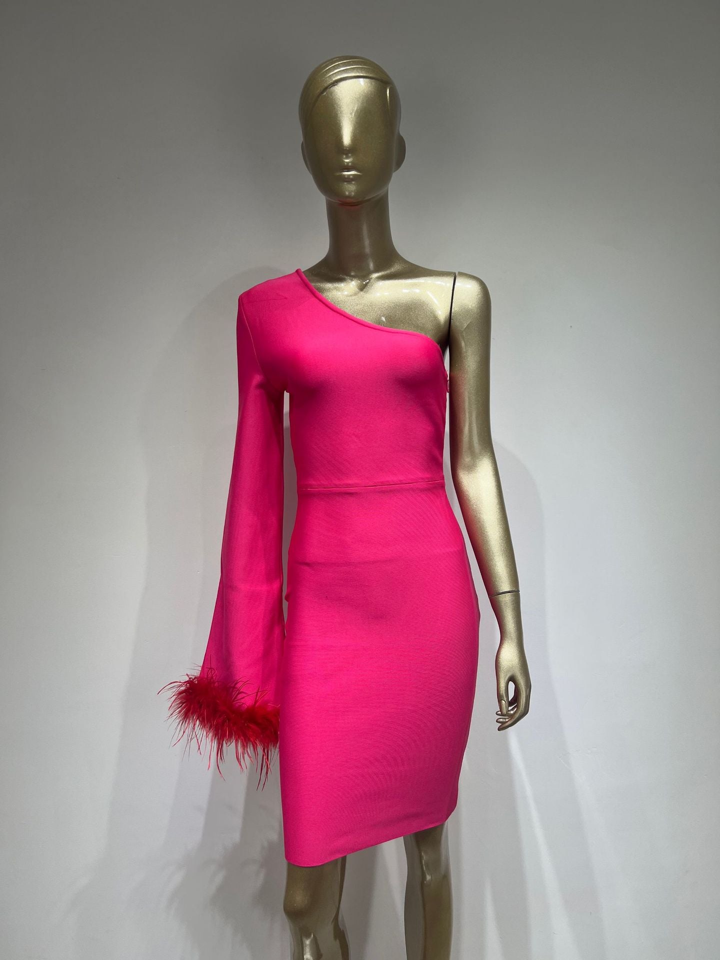 Eleanor One Shoulder Bandage Dress with Feather Embellishment