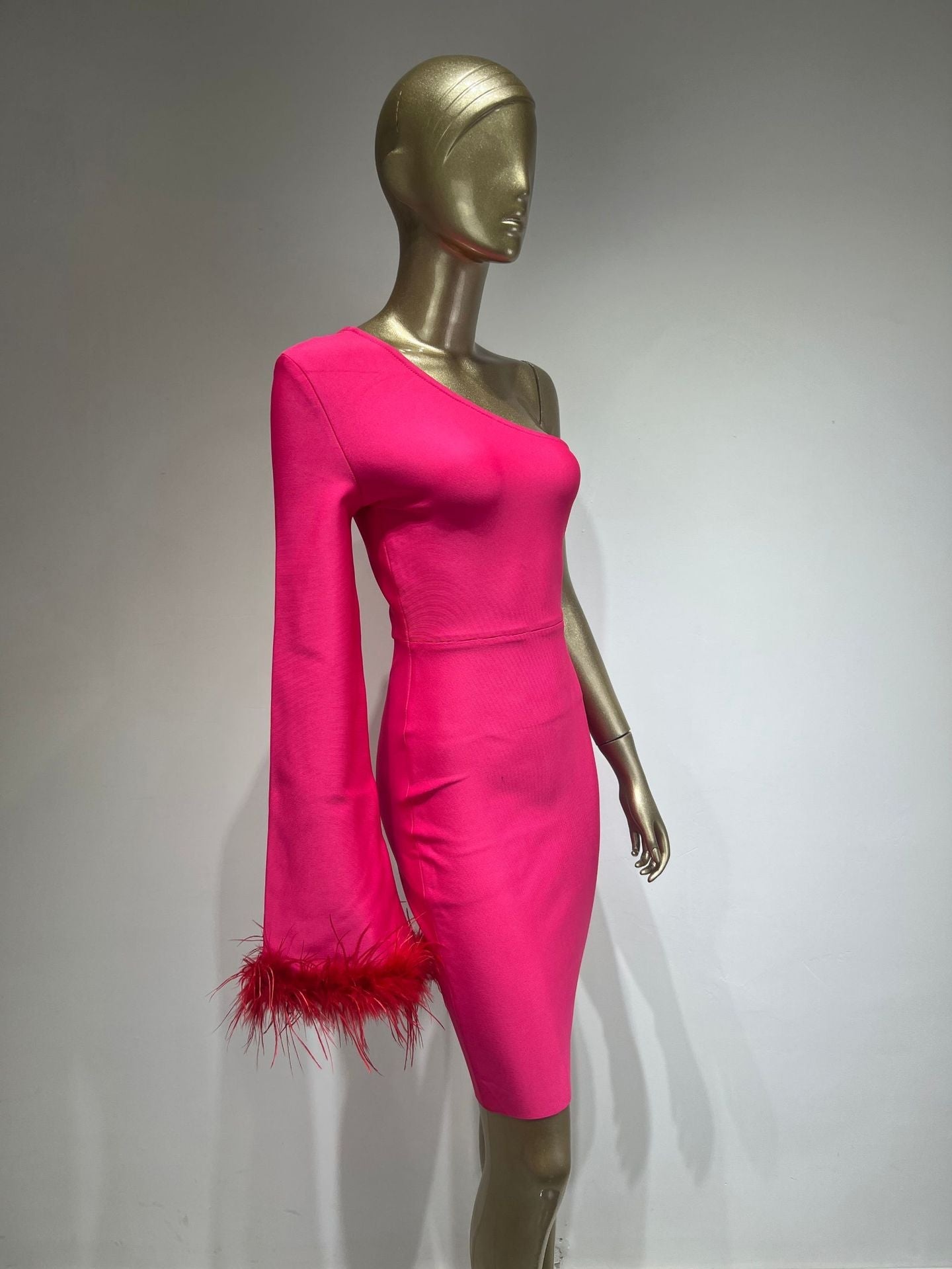 Eleanor One Shoulder Bandage Dress with Feather Embellishment