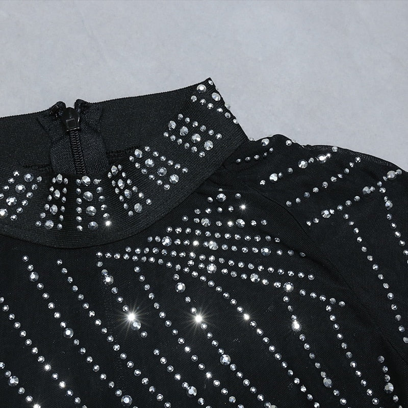 Nathalie Mesh Rhinestone Feather Dress with Long Sleeves