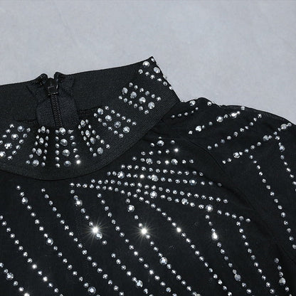 Nathalie Mesh Rhinestone Feather Dress with Long Sleeves