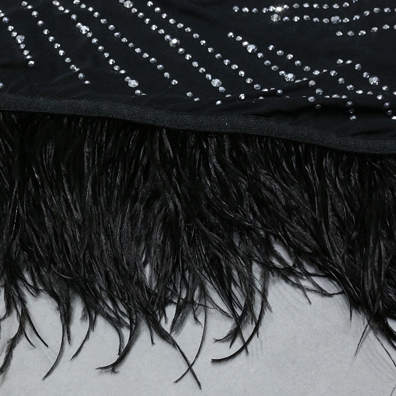 Nathalie Mesh Rhinestone Feather Dress with Long Sleeves