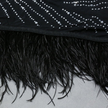 Nathalie Mesh Rhinestone Feather Dress with Long Sleeves