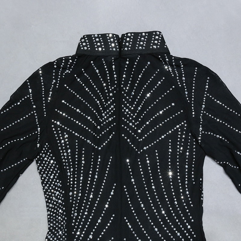 Nathalie Mesh Rhinestone Feather Dress with Long Sleeves