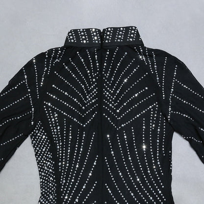 Nathalie Mesh Rhinestone Feather Dress with Long Sleeves