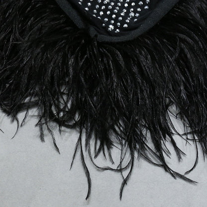 Nathalie Mesh Rhinestone Feather Dress with Long Sleeves