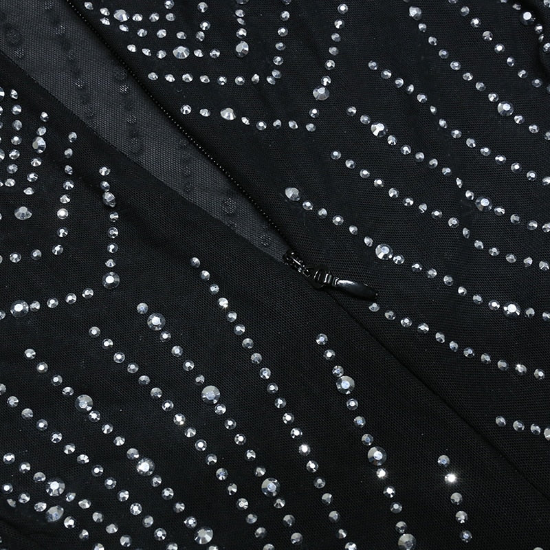 Nathalie Mesh Rhinestone Feather Dress with Long Sleeves