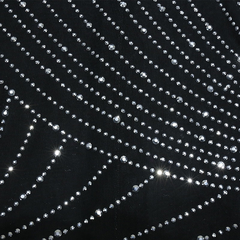 Nathalie Mesh Rhinestone Feather Dress with Long Sleeves