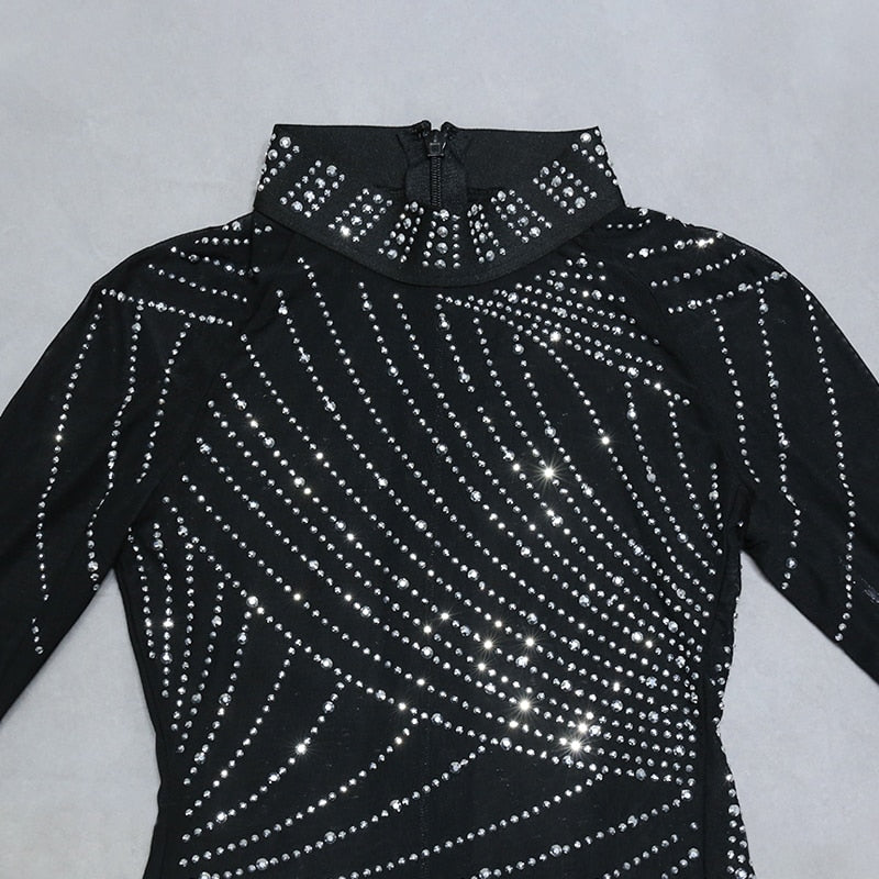 Nathalie Mesh Rhinestone Feather Dress with Long Sleeves