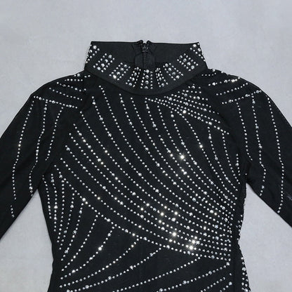 Nathalie Mesh Rhinestone Feather Dress with Long Sleeves