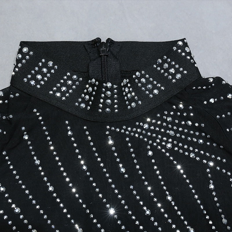 Nathalie Mesh Rhinestone Feather Dress with Long Sleeves