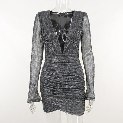 Phlia Sequin Long Sleeve Dress with Pleated Detail