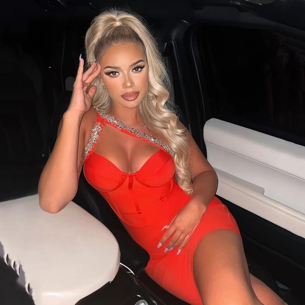 Alluring One-Shoulder Rhinestone Bandage Dress with Bold Sparkle