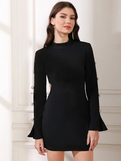 Long Sleeve Bandage Dress with Cut Out Rhinestone Bows