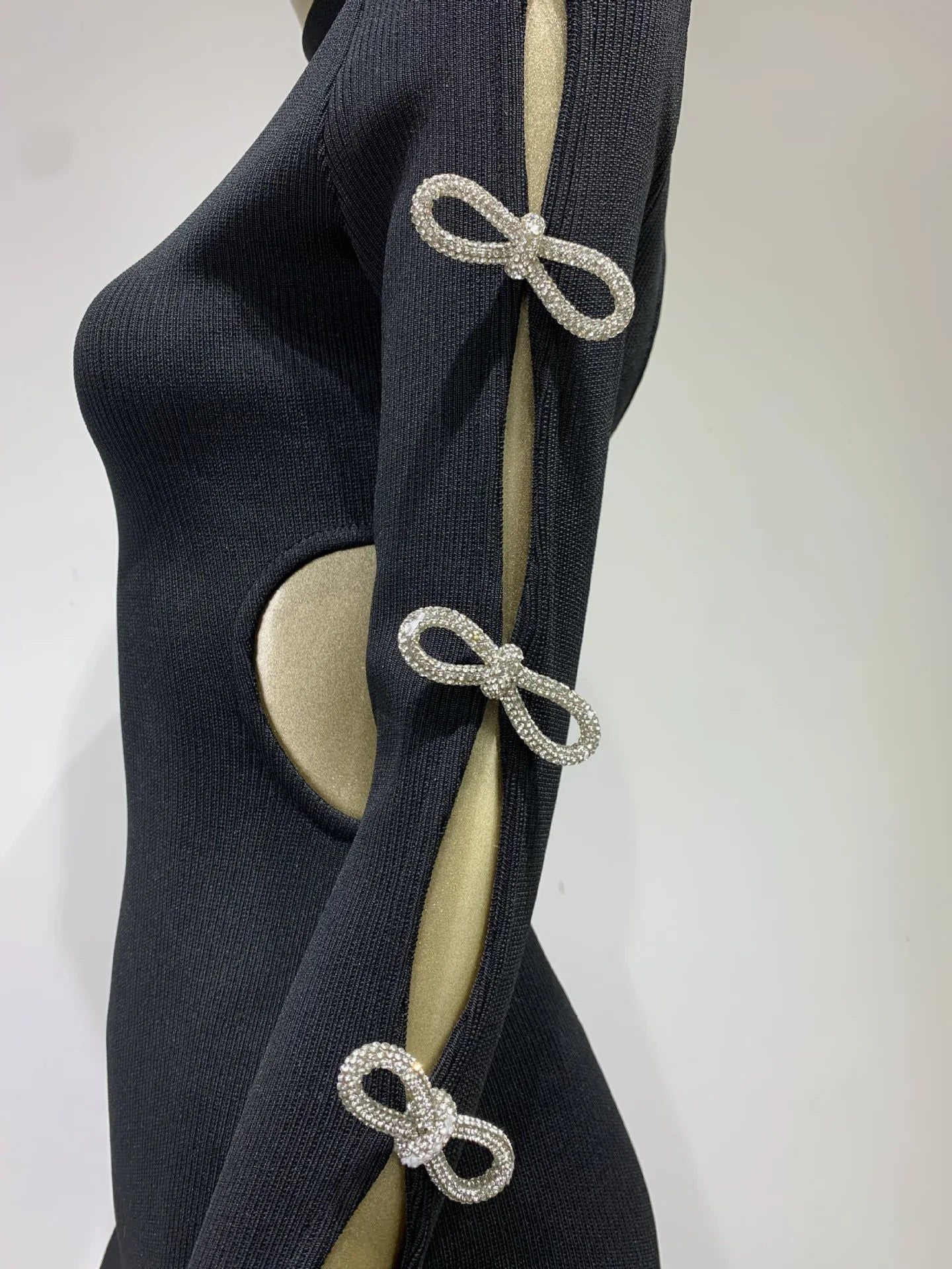 Long Sleeve Bandage Dress with Cut Out Rhinestone Bows