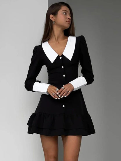 Vestido de noche de cintura alta para mujer, estilo retro, con empalme, manga larga, cuello vuelto, pliegues, minivestido para mujer, vestidos de fiesta y boda para mujer