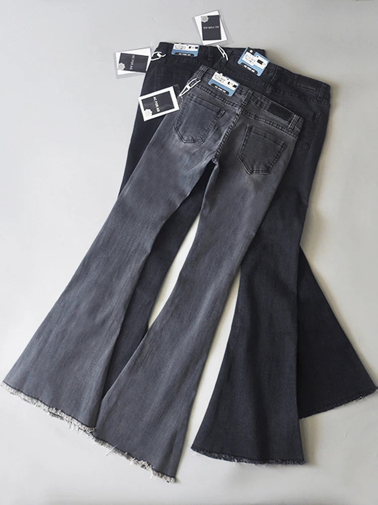 Retro Low Waist Blue Jeans For Women 2025 Bodycon Flared Pants Ladies Basic Slim Fit Summer Street Casual Jeans Woman