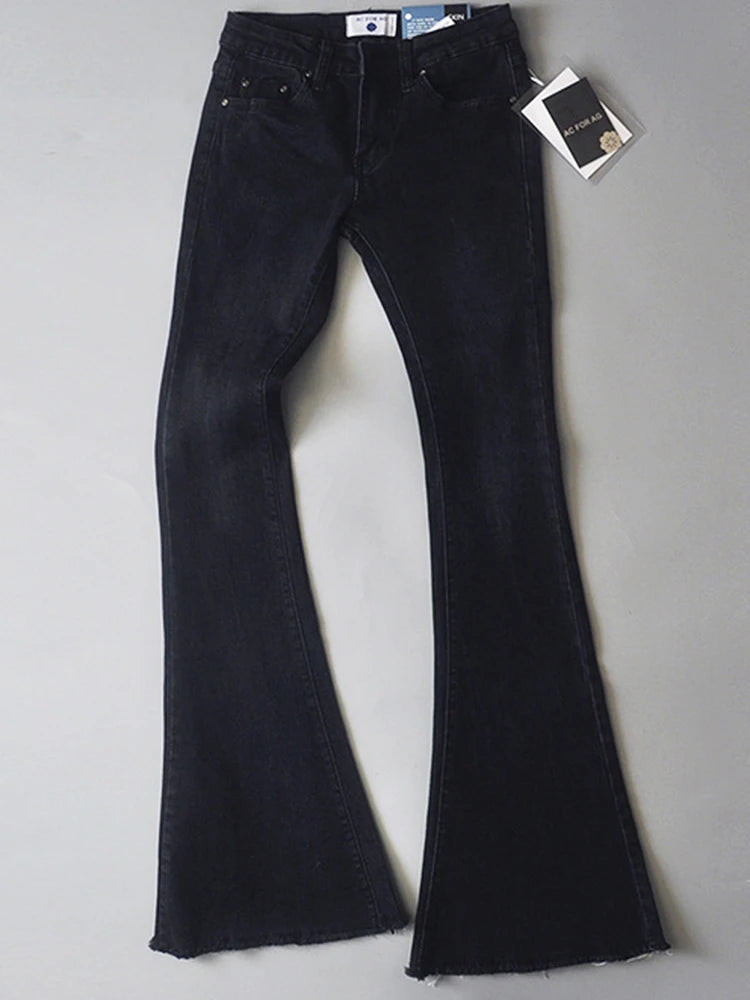 Retro Low Waist Blue Jeans For Women 2025 Bodycon Flared Pants Ladies Basic Slim Fit Summer Street Casual Jeans Woman