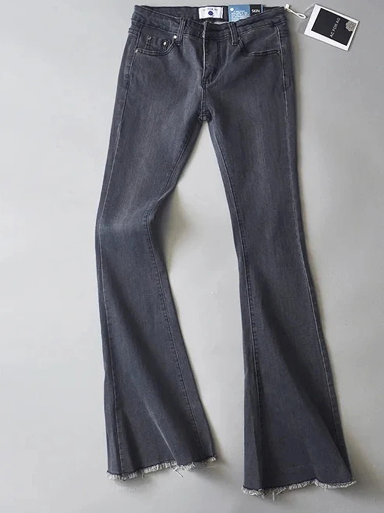 Retro Low Waist Blue Jeans For Women 2025 Bodycon Flared Pants Ladies Basic Slim Fit Summer Street Casual Jeans Woman