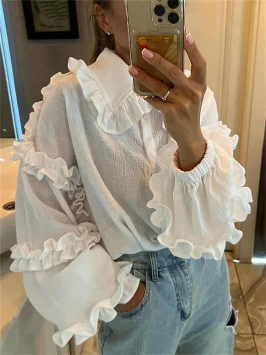 Ruffle Loose Women Shirts 2025 Cotton Long Sleeve Elegant White Tshirt Ladies Street Casual Holiday Baggy Cover Up Female