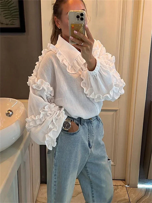 Ruffle Loose Women Shirts 2025 Cotton Long Sleeve Elegant White Tshirt Ladies Street Casual Holiday Baggy Cover Up Female