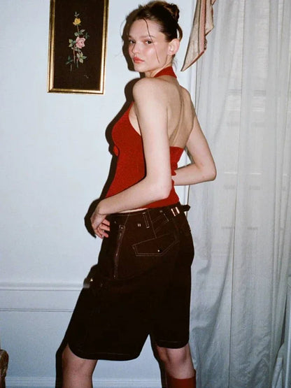 Camisetas de lana sin mangas con cuello halter para mujer, ropa con flores, top corto ajustado liso para mujer, chaleco sexy informal para vacaciones